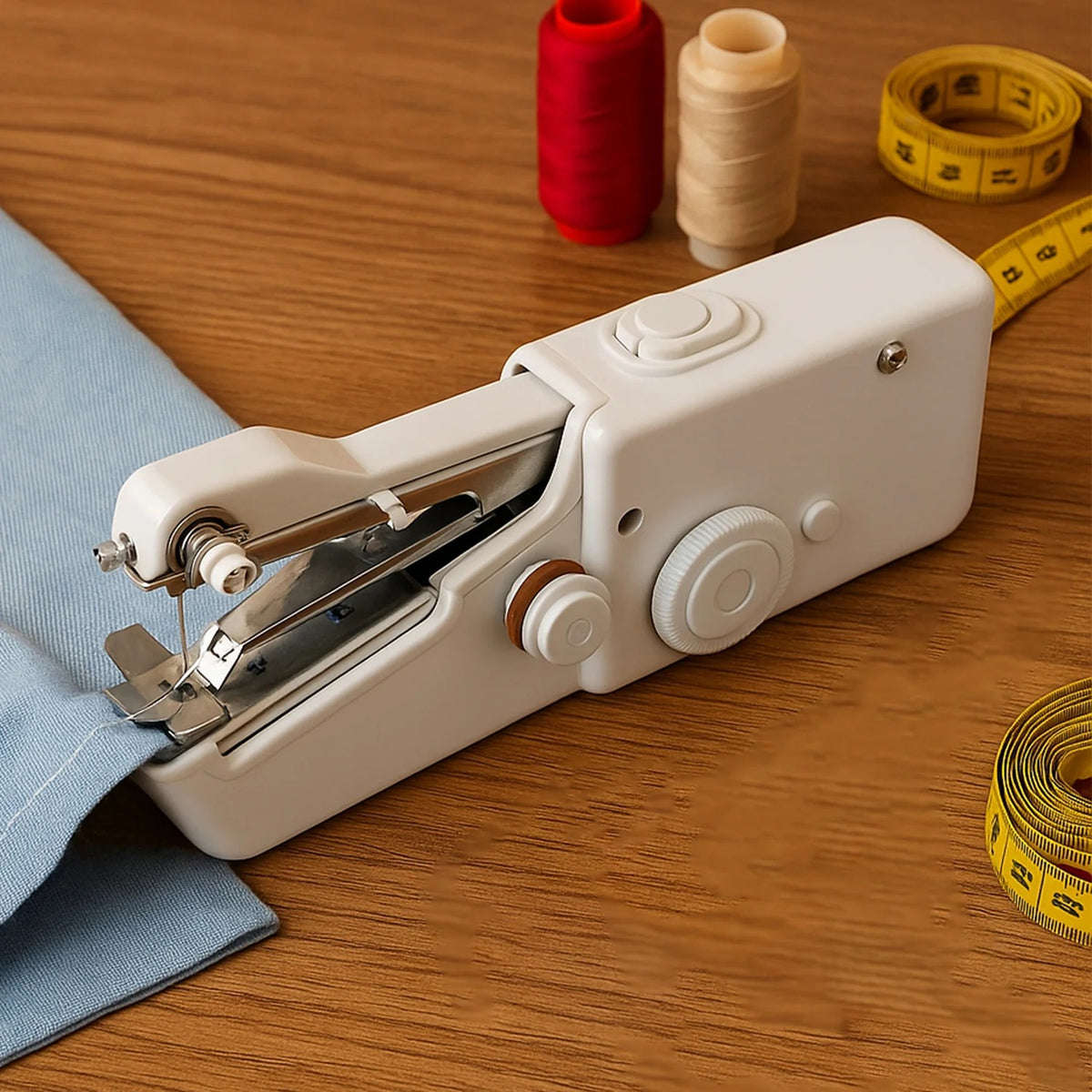 White handheld sewing machine on a wooden surface with spools of thread and fabric.